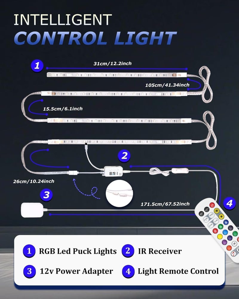 Cefrank Color Cabinet Lighting, 4pcs 12" Linkable RGB LED Light Bar Kit for Display Cabinet, Smart App & Remote Control, Music Sync, Scene Modes, Multi-Colors - Image 4